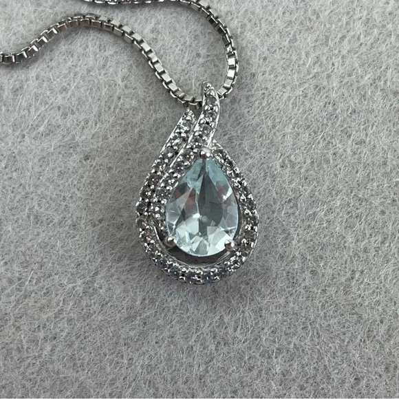 Aquamarine Teardrop Pendant Necklace White Topaz Sterling Silver 16” Chain - Picture 3 of 12